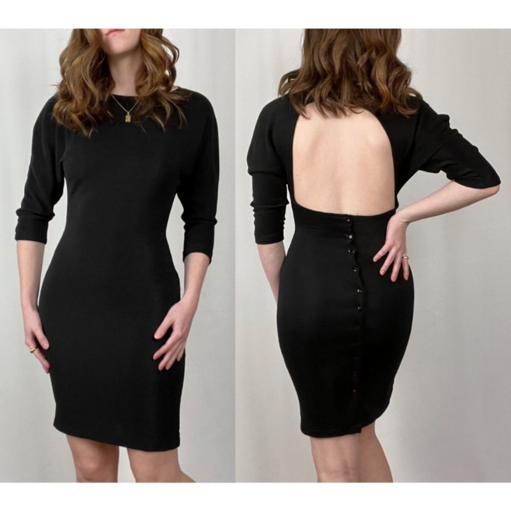 Stunning Vintage Sexy Backless Cut Out Button Down Ribbed Knit Mini Party Dress - Picture 1 of 8